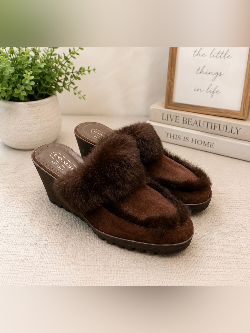 Coach size 7.5 brown rabbit fur suede wedge mules slip on soft comfortable shoes